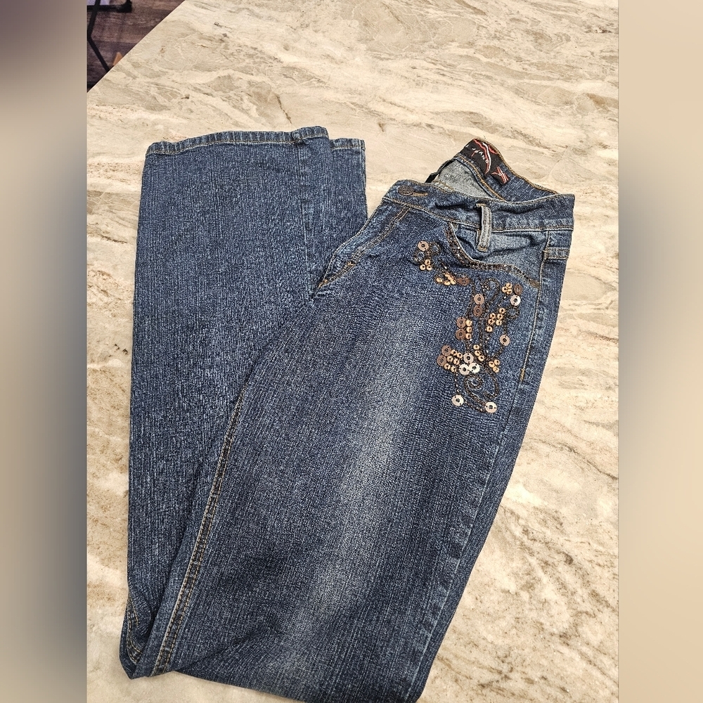 Vintage Pzi Bootcut Flare Jeans Size 10 Tall Bronze Beaded Emblishments Casual